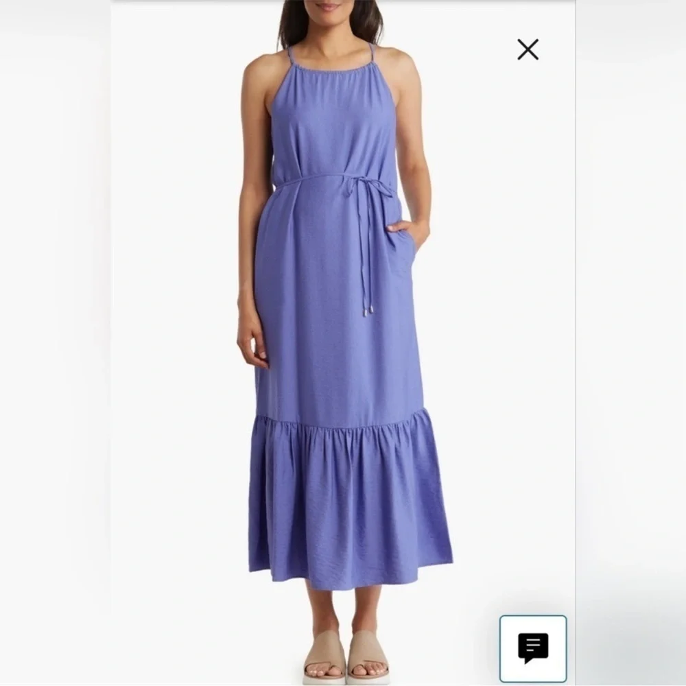 NWT Anne Klein Halter Neck Sleeveless Tiered Maxi Dress Blue Iris Size 12